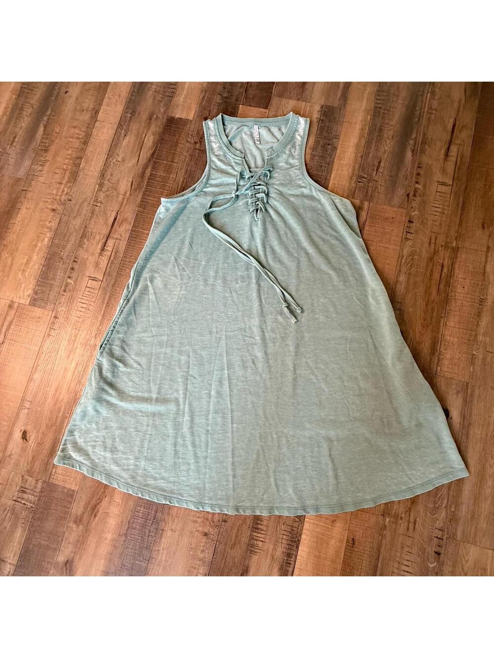 Z Supply All Tied Up Tank Slub Dress M Green Lace Up V Neck Pockets Flowy Casual